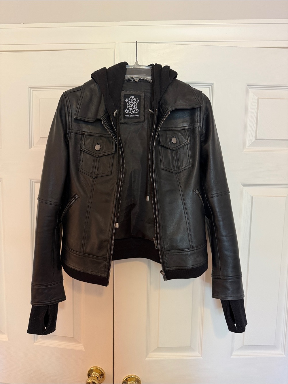 Black Leather Moto Jacket with Zip-in Hoodie for Women